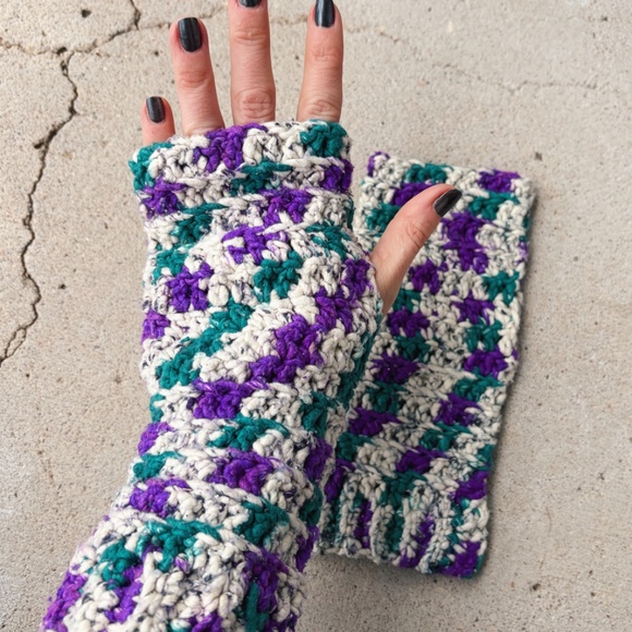 Handmade Crochet Teal, Purple, and White Fingerless Gloves - Picture 2 of 2